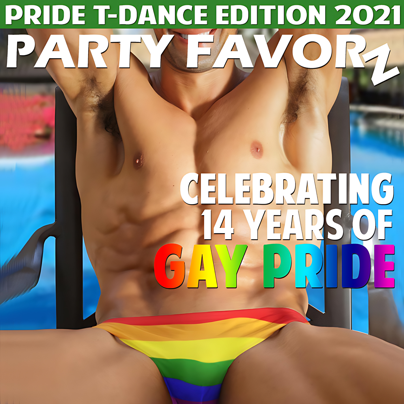 hunky guy in rainbown bikini bottom