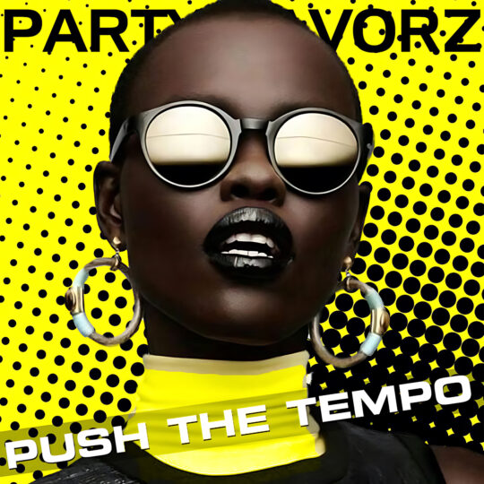 A close-up portrait of a person with dark skin wearing round reflective sunglasses, black lipstick, large hoop earrings and a bright yellow turtleneck against a yellow background patterned with black dots, overlaid with bold text; artwork for the Party Favorz episode "Tech House Peak Hour: Push The Tempo Mix (2018)".