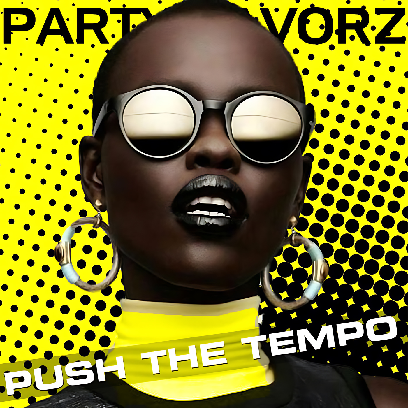 A close-up portrait of a person with dark skin wearing round reflective sunglasses, black lipstick, large hoop earrings and a bright yellow turtleneck against a yellow background patterned with black dots, overlaid with bold text; artwork for the Party Favorz episode "Tech House Peak Hour: Push The Tempo Mix (2018)".