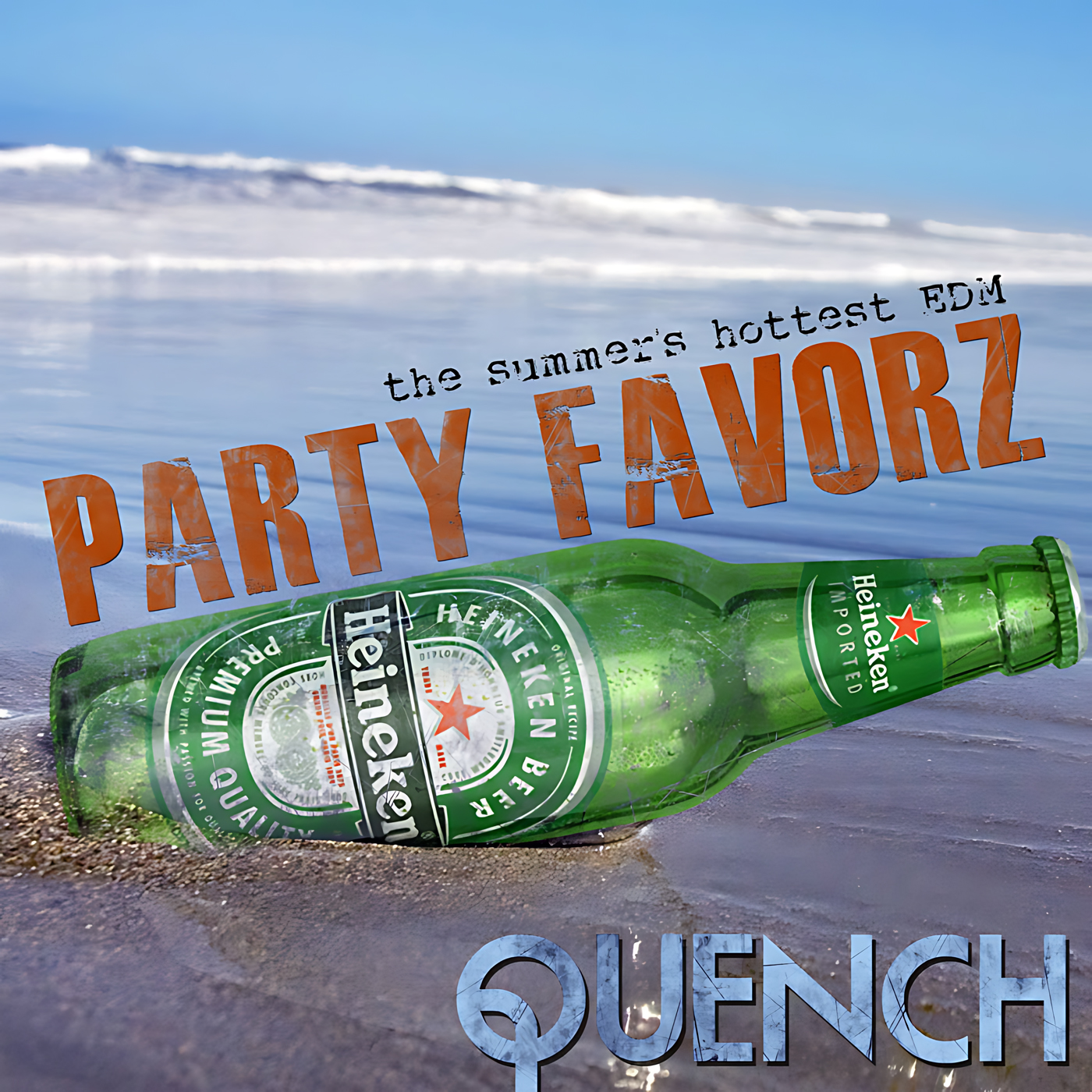 A green Heineken bottle lies on wet sand by waves and blue sky; large distressed orange letters reading PARTY FAVORZ tilt across the image, smaller black text above, and QUENCH appears in blue at the bottom — artwork for the Party Favorz episode 'EDM & Deep House 2015: Quench (Club Fusion Mix)'.