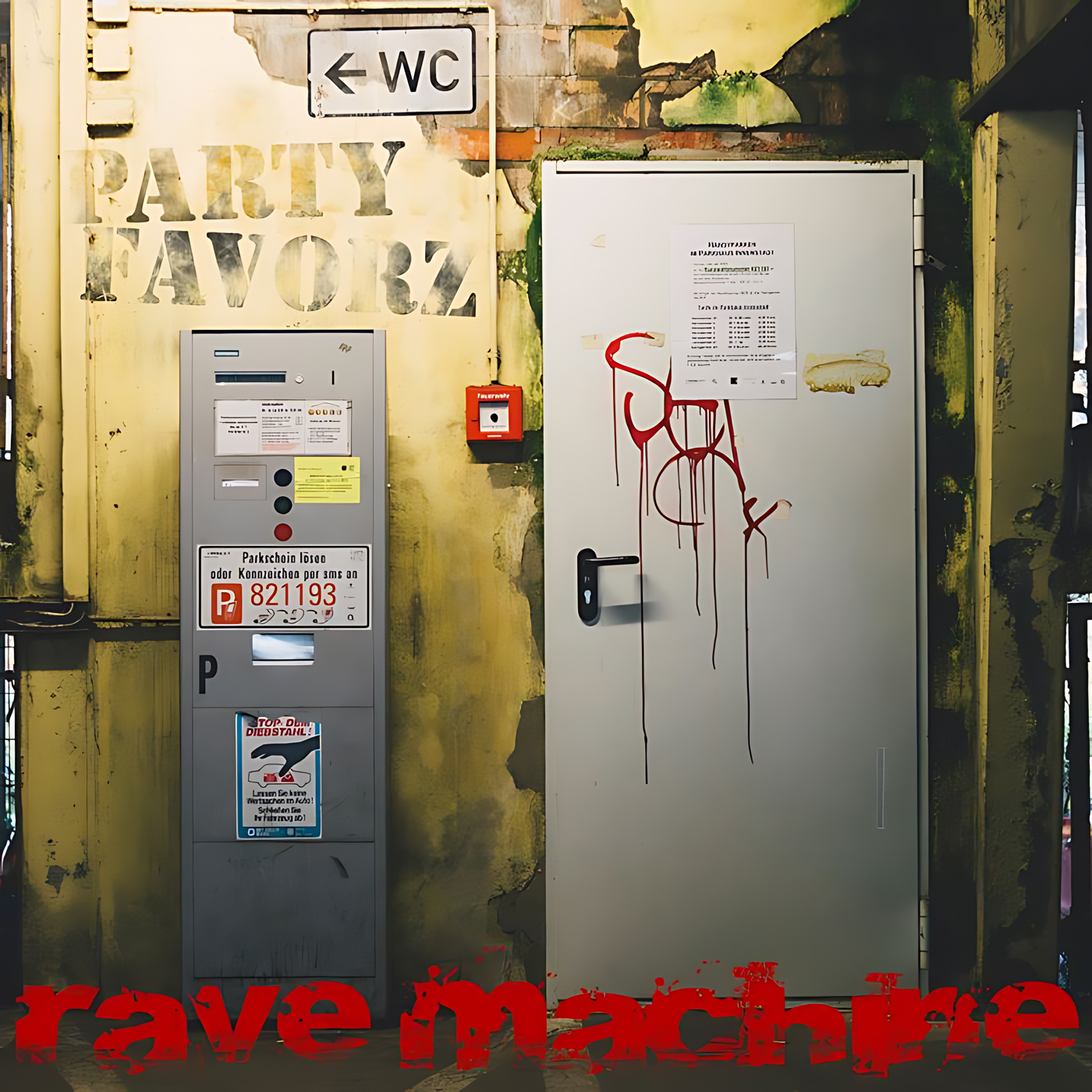 A gritty yellowed hallway scene shows a grey utility door with red dripping graffiti and taped notices beside a tall parking-pay machine, stencil-style text reading “PARTY FAVORZ” on the wall, a WC sign above, and bold red painted words along the floor as artwork for the Party Favorz episode Tech House Peak Hour 2019: Rave Machine Dark Peak Mix.