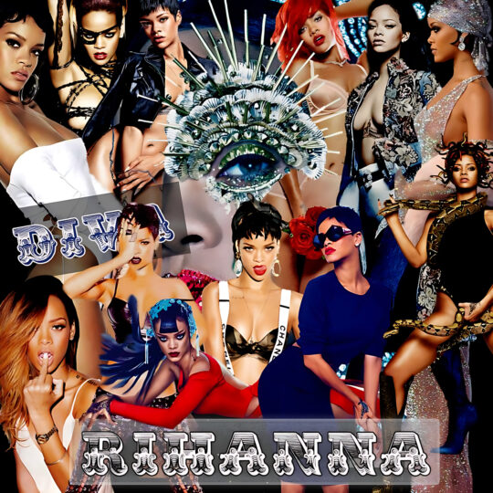 A busy collage of multiple stylized portraits of the same female figure in varied outfits and poses—lingerie, leather jacket, sequined gown, sunglasses and a snake prop—centered around a decorative blue eye headdress and bold ornamental text, artwork for the Party Favorz episode “EDM & House Diva: Rihanna 2.0 The Diva Series (2017).”.