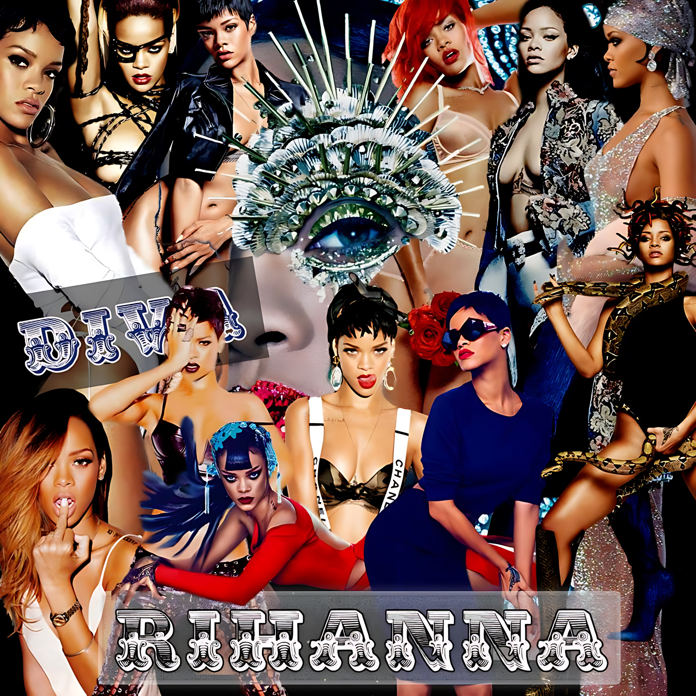A busy collage of multiple stylized portraits of the same female figure in varied outfits and poses—lingerie, leather jacket, sequined gown, sunglasses and a snake prop—centered around a decorative blue eye headdress and bold ornamental text, artwork for the Party Favorz episode “EDM & House Diva: Rihanna 2.0 The Diva Series (2017).”.