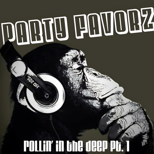 A stylized black-and-white chimp in profile wearing large over-ear headphones and holding a hand to its mouth against an olive-gray background, with bold white outlined text “PARTY FAVORZ” across the top and the episode title at the bottom, artwork for the Party Favorz episode Funky House: Rollin' in the Deep pt. 1 (2015).