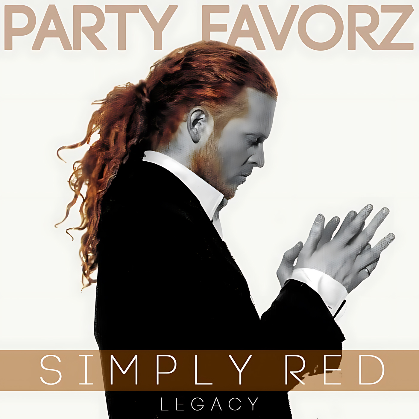 Profile of a man with long red hair in a low ponytail wearing a black suit and white shirt, hands clasped against a pale background with large tan “PARTY FAVORZ” text above and a brown band reading “SIMPLY RED,” artwork for Party Favorz episode "Legacy Dance Tribute: Simply Red (2017) House Remixes".