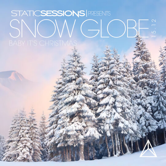 Snow-covered evergreen trees fill the lower right, foreground trunks visible beneath heavy white drifts against a pastel pink-and-blue sky with a distant snowy peak and large white typography across the top; artwork for Party Favorz episode 'Christmas Dance 2015: Baby It’s Christmas Megamix'.