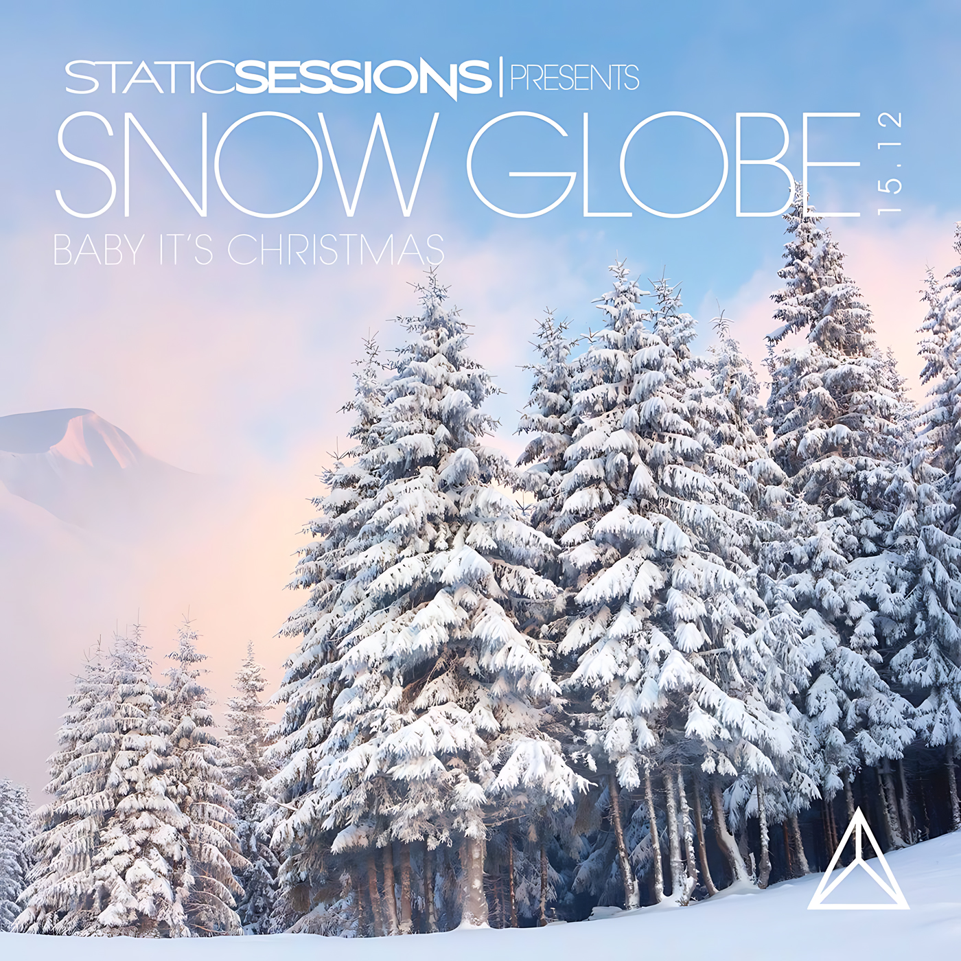 Snow-covered evergreen trees fill the lower right, foreground trunks visible beneath heavy white drifts against a pastel pink-and-blue sky with a distant snowy peak and large white typography across the top; artwork for Party Favorz episode 'Christmas Dance 2015: Baby It’s Christmas Megamix'.