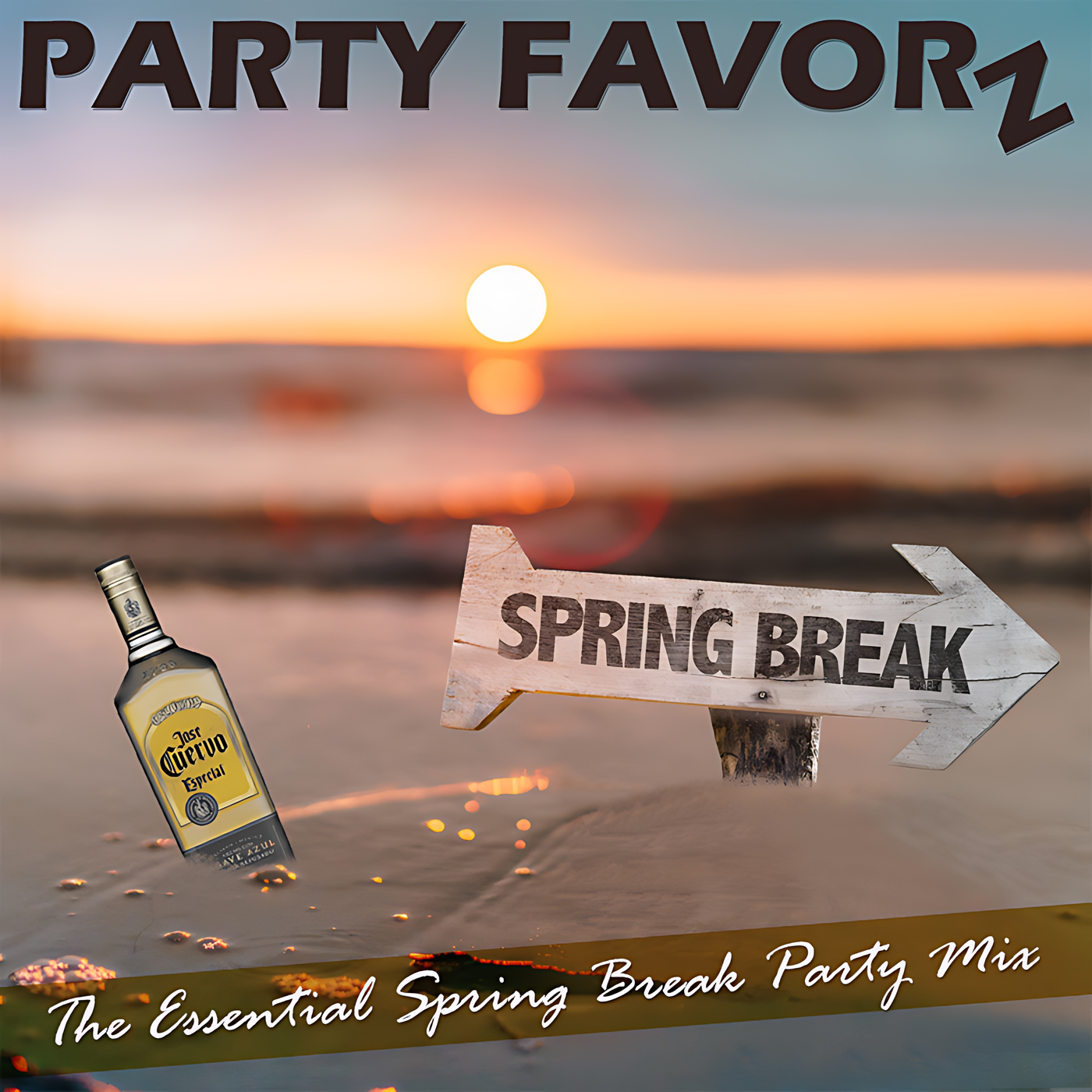 beach with bottle of Jose Cuervo and spring break sign buried in sand