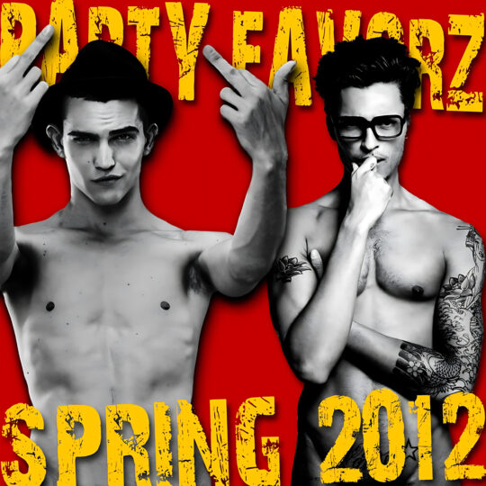 Two shirtless men rendered in high-contrast black-and-white stand against a bright red background: the left man wears a hat and raises both middle fingers, the right man wears glasses and has tattooed arms while touching his chin, with large distressed yellow text and artwork for the Party Favorz episode "Club Fusion: Spring EDM 2012: Mainstream Da.