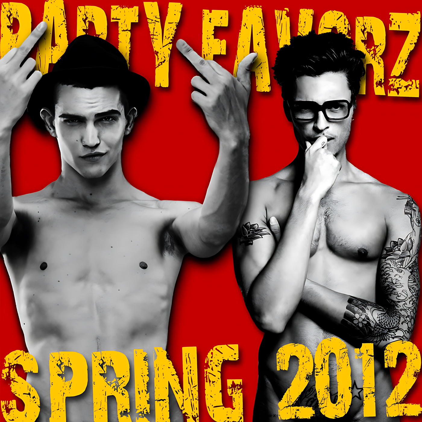 Two shirtless men rendered in high-contrast black-and-white stand against a bright red background: the left man wears a hat and raises both middle fingers, the right man wears glasses and has tattooed arms while touching his chin, with large distressed yellow text and artwork for the Party Favorz episode "Club Fusion: Spring EDM 2012: Mainstream Da.