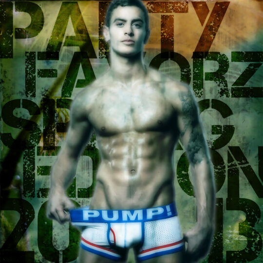 A shirtless, muscular young man stands front and center pulling down the blue-and-white waistband labeled “PUMP!” on his briefs, his tattooed arm visible, with a blurred glossy treatment over his body and large distressed green and brown block letters forming a grungy background; artwork for the Party Favorz episode "Circuit & Anthems: Spring Editi.