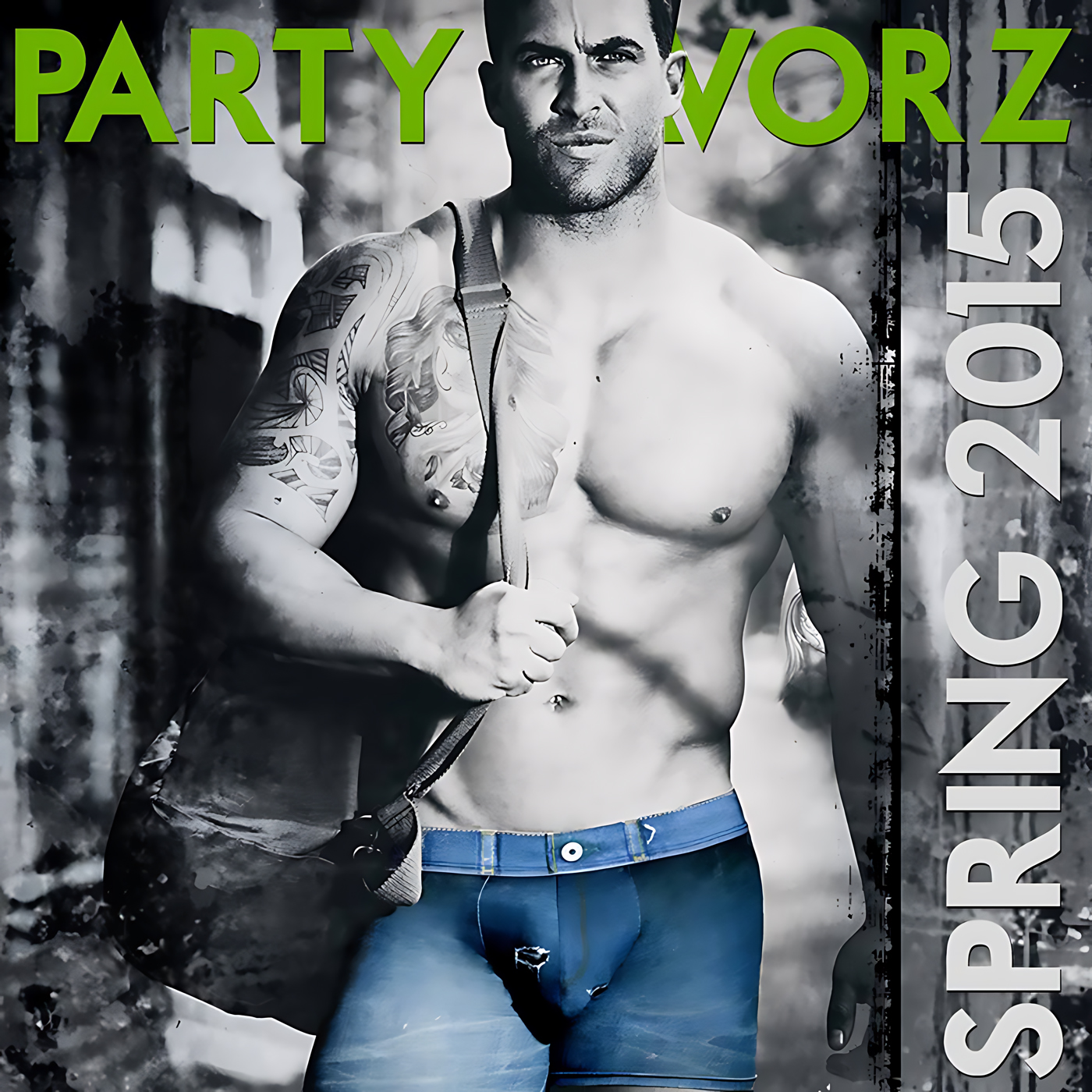 A shirtless, muscular man stands front-center holding a shoulder-bag strap across his chest, revealing arm and chest tattoos and wearing tight blue shorts against a high-contrast grayscale, grungy urban background with bright lime-green “PARTY VORZ” at the top and vertical white “SPRING 2015” at right, artwork for the Party Favorz episode Circuit &.