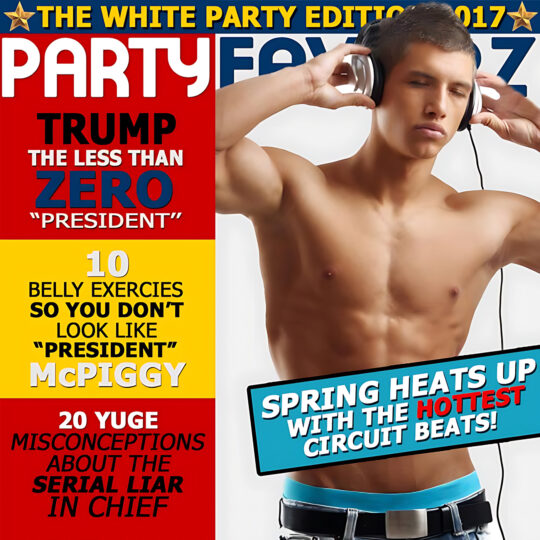 Shirtless young man wearing over-ear headphones holds both cups to his ears, torso cropped mid-waist showing toned abs and a blue waistband, set against a split magazine-style layout with red, yellow and blue headline blocks and a top banner reading THE WHITE PARTY EDITION 2017; artwork for Party Favorz episode "Circuit & Anthems: Spring Edition 20.