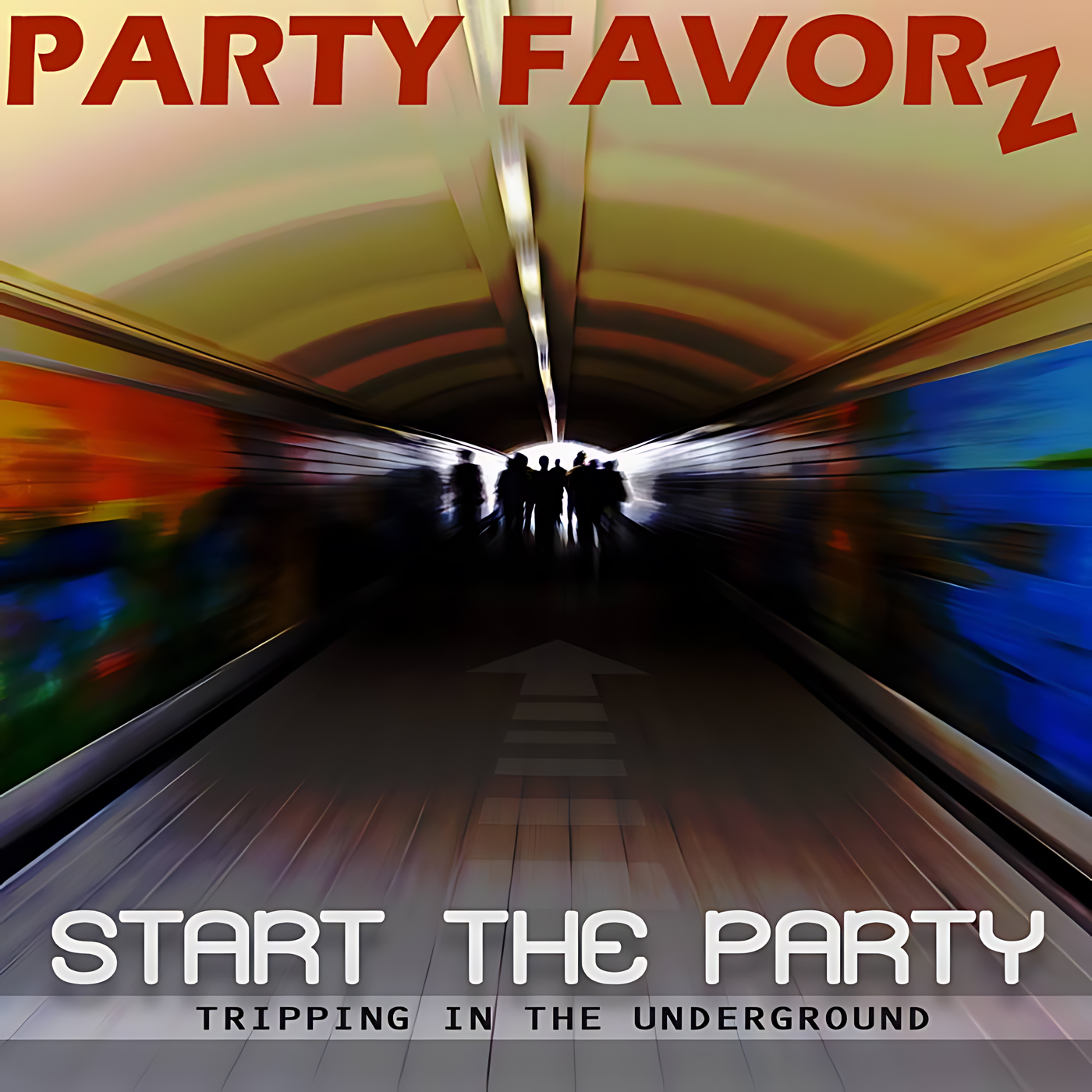 Wide, stylized tunnel scene with blurred motion toward bright exit, a row of dark human silhouettes at center, colorful abstract murals along angled walls, a floor arrow pointing forward, large red PARTY FAVORz at top and bold START THE PARTY text at bottom, artwork for the Party Favorz episode "Peak Hour House 2019: Start the Party (Tech House Jou.