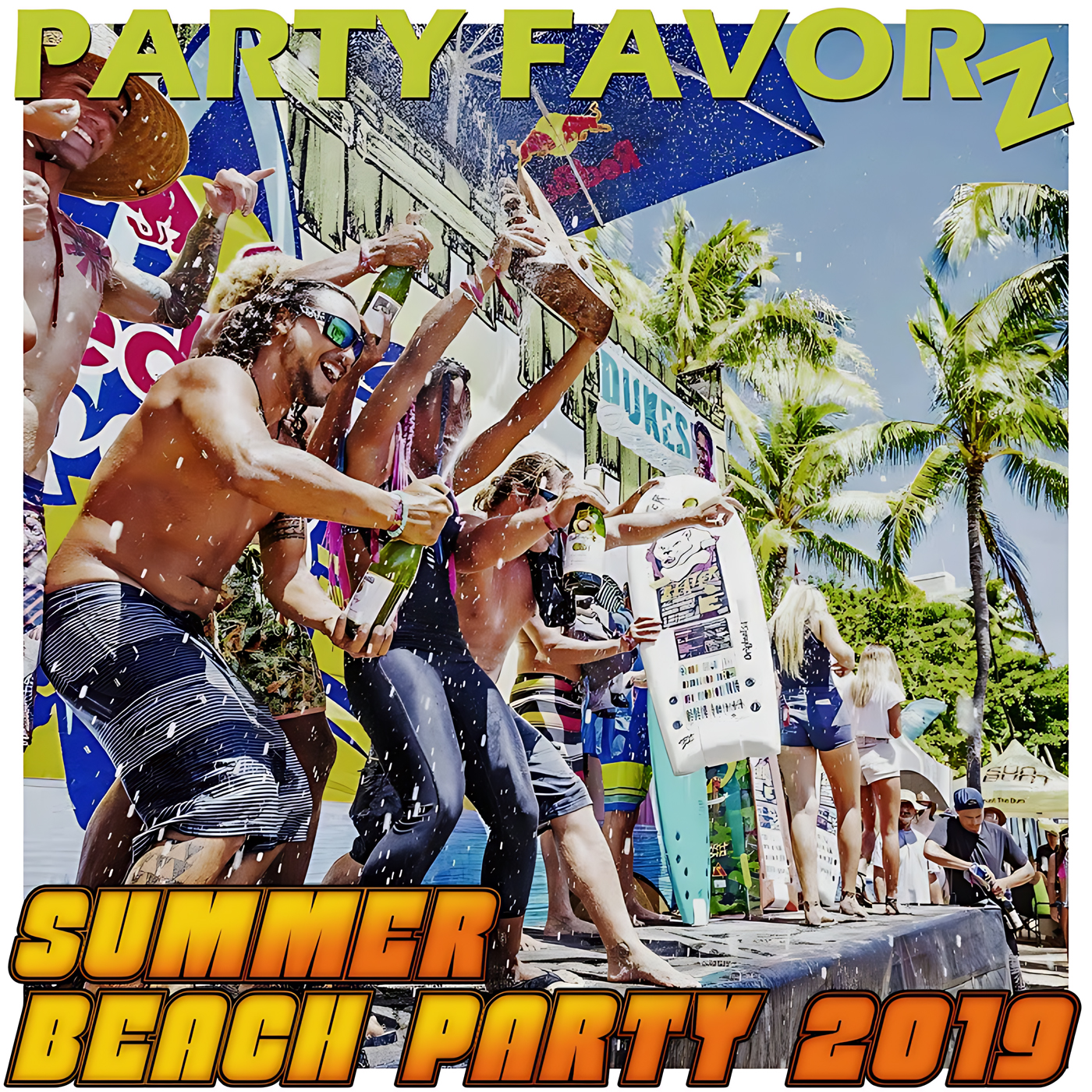 A sunlit beach-stage scene shows a group of shirtless and swimsuit-clad people popping and spraying champagne, one holding a decorated surfboard, framed by palm trees and a large yellow “PARTY FAVORZ” title at the top and bold orange “SUMMER BEACH PARTY 2019” text at the bottom, artwork for the Party Favorz episode "House Summer Beach Party 2019: C.