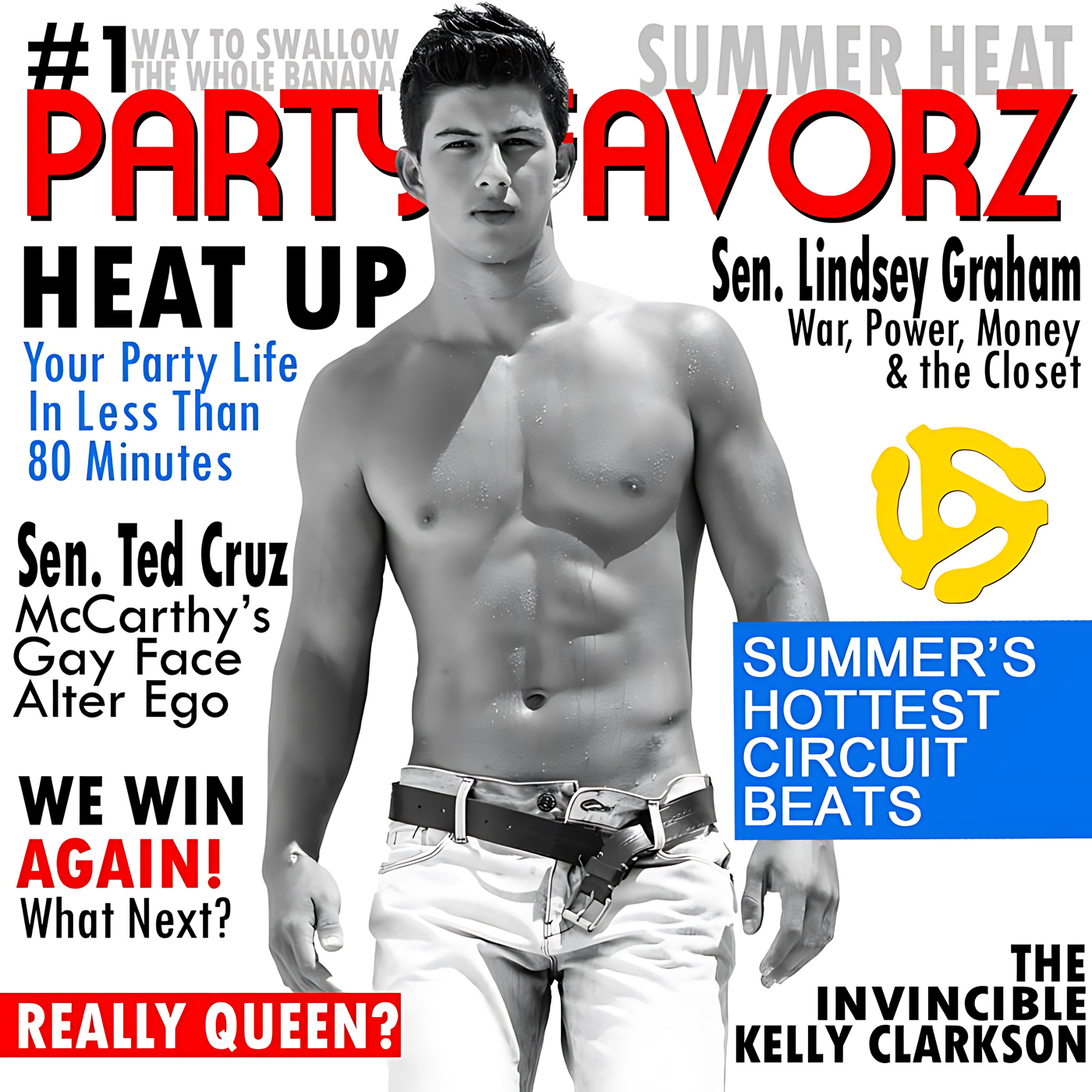 A high-contrast magazine composition shows a wet, shirtless man centered in grayscale wearing white shorts and a belt, surrounded by bold red PARTY FAVORZ lettering, black headlines, a blue box reading SUMMER'S HOTTEST CIRCUIT BEATS and a yellow record adapter, for the Party Favorz episode Circuit Anthems Summer Edition 2015: Pt. 1 Holiday Mix.