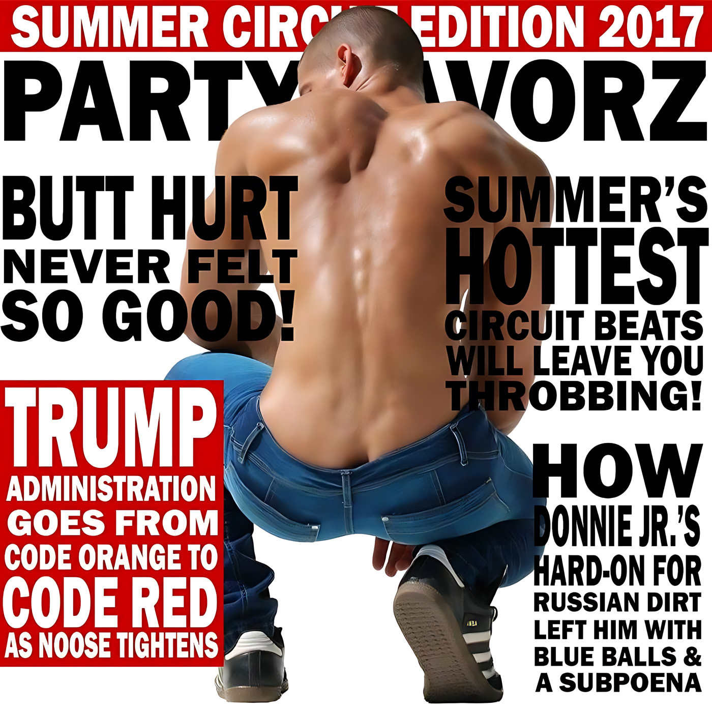 A glossy illustration shows a shirtless, muscular man kneeling with his back to the viewer in blue jeans against a white background, overlaid with oversized black and red magazine-style headlines and blocks of text — artwork for the Party Favorz episode "Circuit & Anthems: Summer Edition 2017 Volume 1".