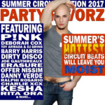 Summer Edition 2017 Volume 2 A cropped portrait of a bald person in a gray sleeveless shirt and low jeans posing with one arm over their head, set against bold graphic text: large orange PARTY FAVORZ across the top, a blue column of white featured-artist names at left, and an orange box with flaming letters reading SUMMER’S HOTTEST MOIST; artwork for the Party Favorz episode “.