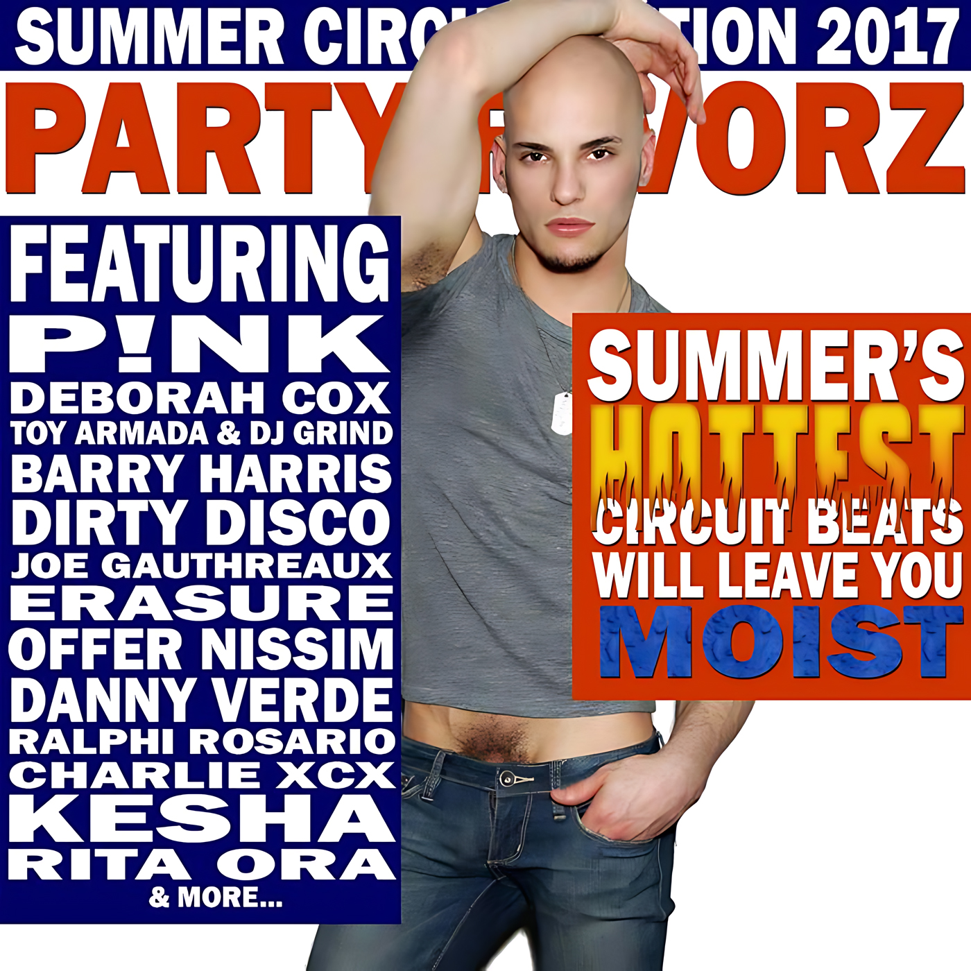 A cropped portrait of a bald person in a gray sleeveless shirt and low jeans posing with one arm over their head, set against bold graphic text: large orange PARTY FAVORZ across the top, a blue column of white featured-artist names at left, and an orange box with flaming letters reading SUMMER’S HOTTEST MOIST; artwork for the Party Favorz episode “.