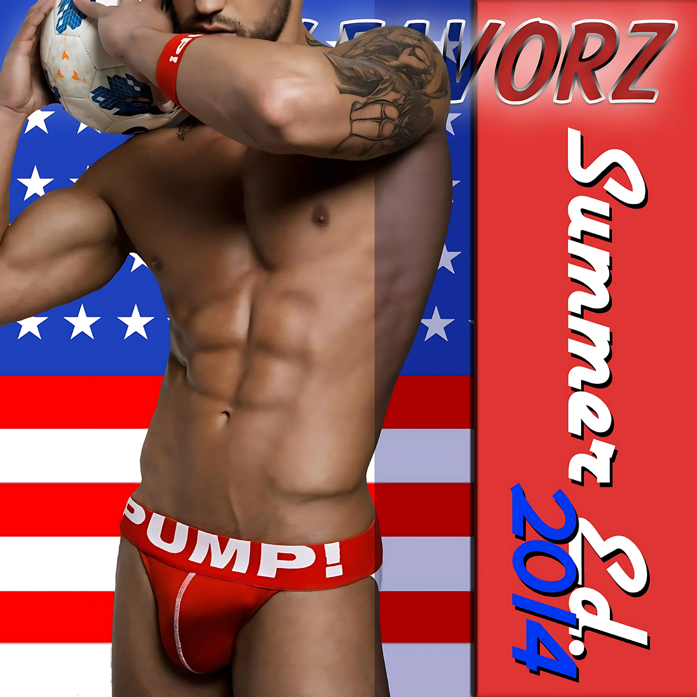 A cropped composition shows a shirtless, muscular torso and tattooed arm holding a soccer ball, red briefs reading 'PUMP!', a blue-and-white star-spangled flag behind him and a vertical red panel with stylized text — artwork for the Party Favorz episode Circuit Anthems: Summer Edition 2K14 Volume 2.