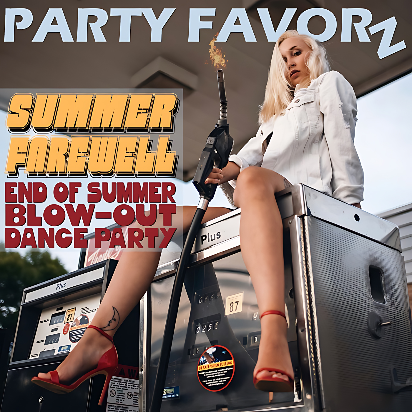 A blonde woman in a white jacket sits atop a silver gas pump holding the nozzle that emits a small flame, showing legs in red high heels against a petrol station canopy, with bold yellow and red text reading 'Summer Farewell' — artwork for Party Favorz episode 'Club Fusion: Summer Farewell 2019, House, EDM & Mashups'.