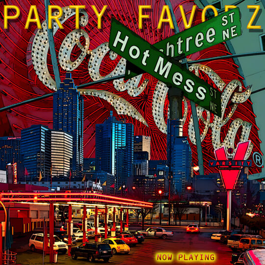 A stylized neon cityscape at night foregrounds a busy drive-in canopy with parked cars, while oversized green street signs reading “Hot Mess” cross against a red, swirling marquee and bold yellow “PARTY FAVORZ” letters overhead, artwork for the Party Favorz episode EDM: Summer Hot Mess 2K14 Volume 1.