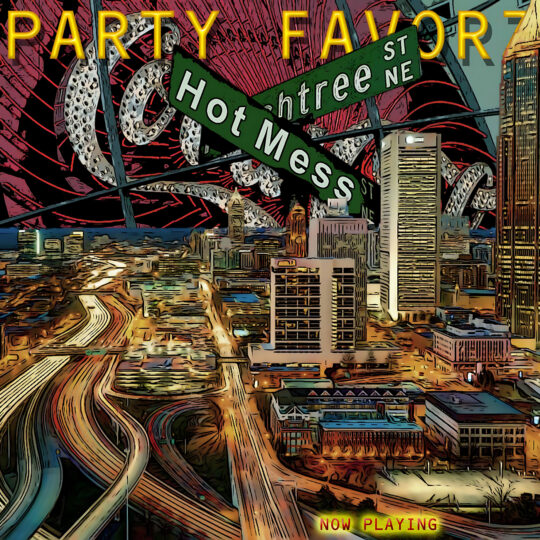 A stylized nighttime cityscape with glowing curving highways, tall skyscrapers, a pair of green intersecting street signs reading 'Hot Mess,' a red patterned sky with swirling tentacle-like shapes, and yellow 'PARTY FAVORZ' lettering at the top, artwork for the Party Favorz episode 'EDM Summer Hot Mess 2K14 Volume 2: Club Fusion Mix'.