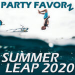 A person in blue swim trunks is captured mid-backflip above teal ocean water with a blurred boat rail at left, large white-and-teal text reading “SUMMER LEAP 2020” across the lower half and “PARTY FAVORZ” at the top, artwork for the Party Favorz episode "Club Fusion: Summer Leap 2020, Summer's Biggest Dance Club Songs".