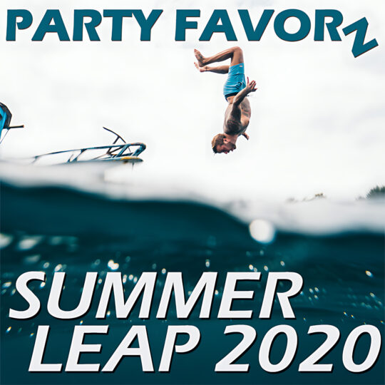 A person in blue swim trunks is captured mid-backflip above teal ocean water with a blurred boat rail at left, large white-and-teal text reading “SUMMER LEAP 2020” across the lower half and “PARTY FAVORZ” at the top, artwork for the Party Favorz episode "Club Fusion: Summer Leap 2020, Summer's Biggest Dance Club Songs".