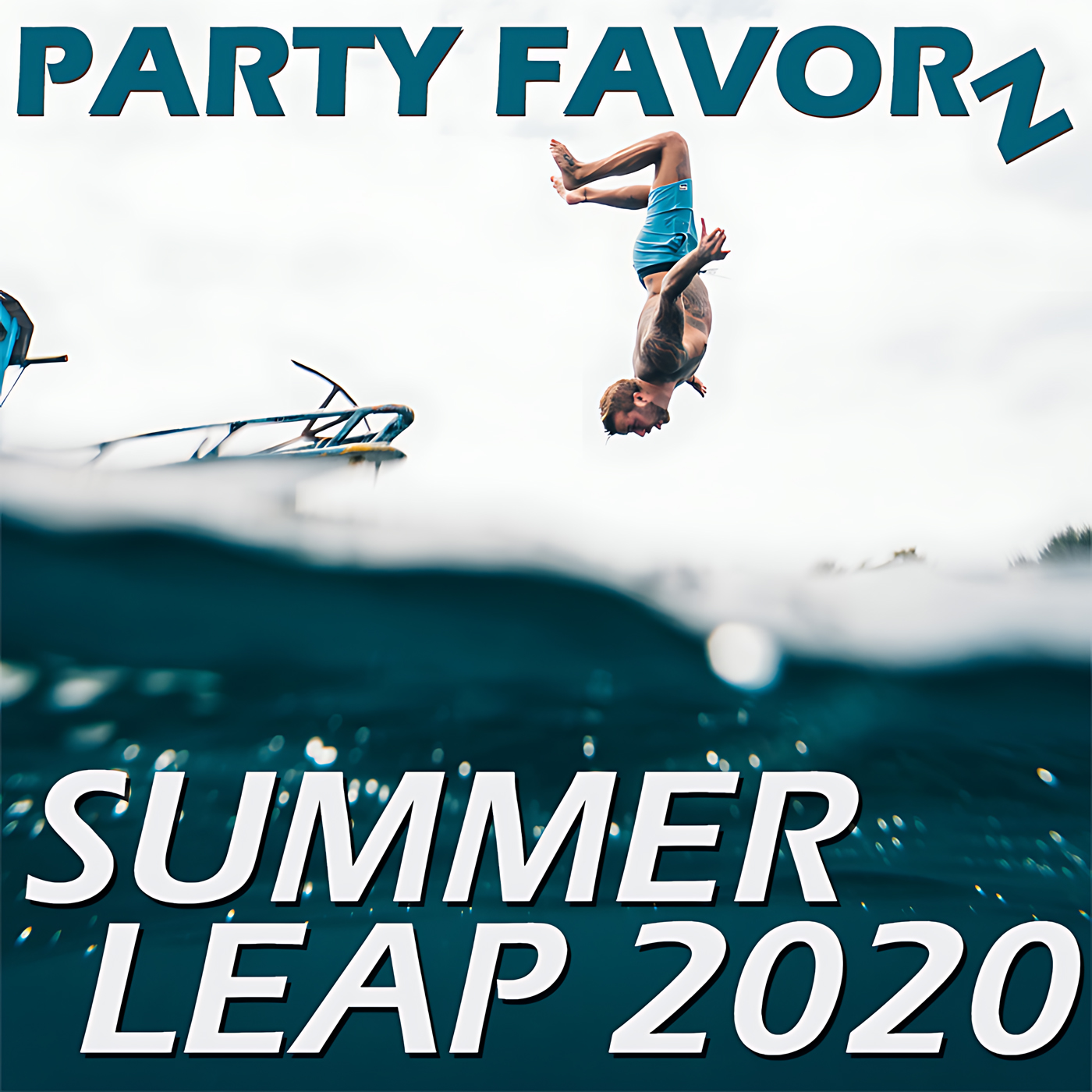 A person in blue swim trunks is captured mid-backflip above teal ocean water with a blurred boat rail at left, large white-and-teal text reading “SUMMER LEAP 2020” across the lower half and “PARTY FAVORZ” at the top, artwork for the Party Favorz episode "Club Fusion: Summer Leap 2020, Summer's Biggest Dance Club Songs".