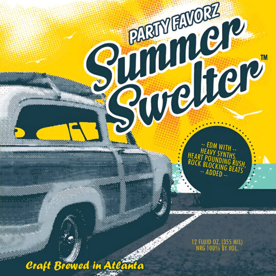 A retro wood-paneled station wagon parked at an angle in the foreground contrasts with a bright yellow halftone sunburst background, teal ocean and seagulls, large stylized script reading “Summer Swelter” and a circular badge with EDM notes, artwork for the Party Favorz episode Club Fusion EDM Summer Swelter 2013: Progressive Electro Mix.