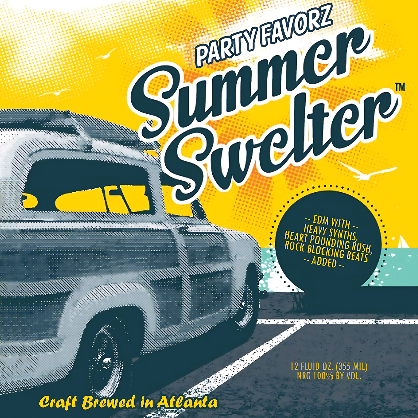 A retro wood-paneled station wagon parked at an angle in the foreground contrasts with a bright yellow halftone sunburst background, teal ocean and seagulls, large stylized script reading “Summer Swelter” and a circular badge with EDM notes, artwork for the Party Favorz episode Club Fusion EDM Summer Swelter 2013: Progressive Electro Mix.