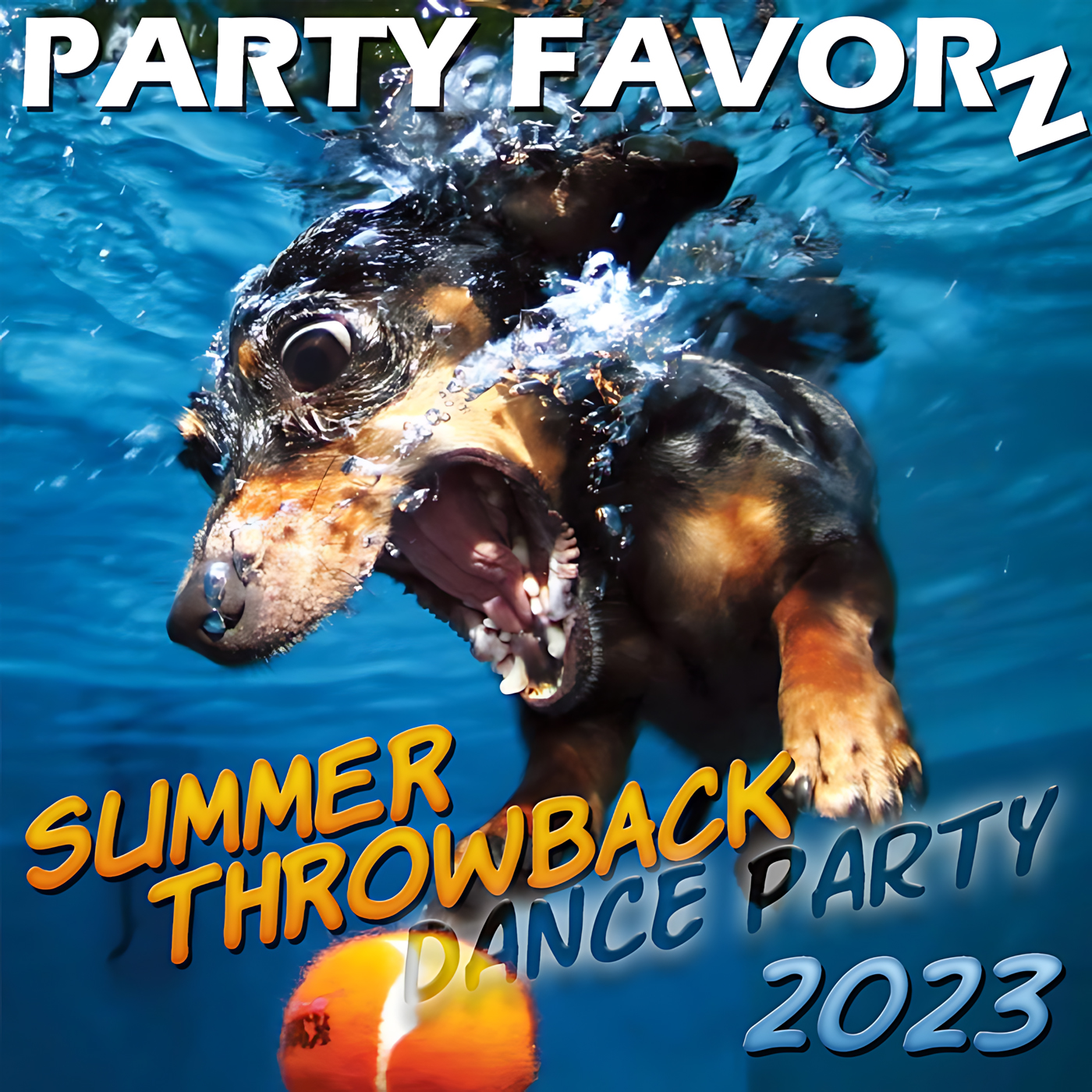 Dog underwater chasing a ball in a swimming pool for the coverart of Summer Throwback 2023 featuring Old Skool Funk House Music from the 80s and 90s