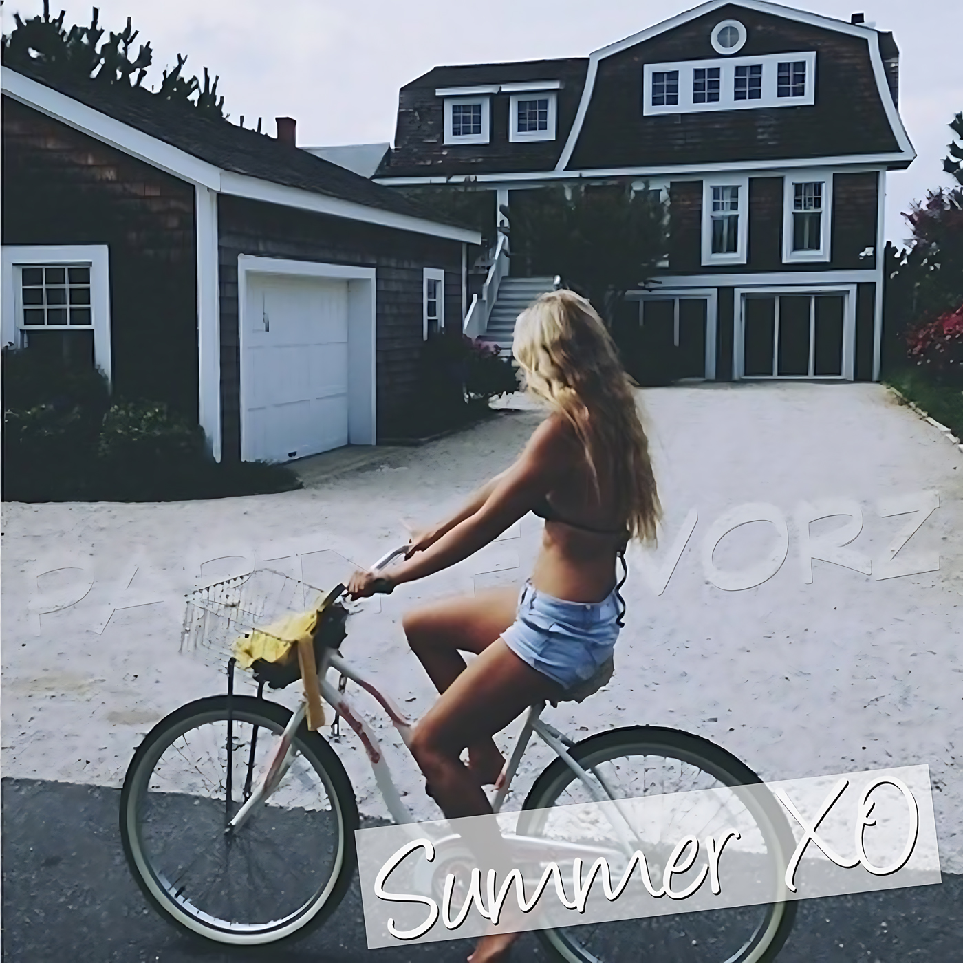 A woman with long blonde hair in a bikini top and denim shorts pedals a white cruiser bicycle with a front basket across a sandy driveway toward a dark shingled house with white trim, with white script reading “Summer XO” — artwork for this Party Favorz episode Funky House Summer XO 2014: Volume 2.