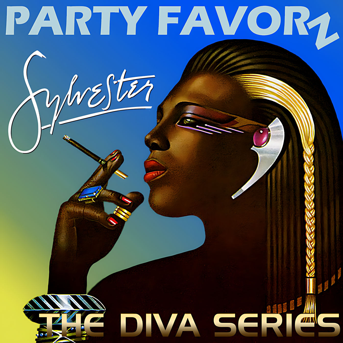 A stylized profile painting of a dark-skinned person with gold-braided hair, a metallic ear ornament, bold eye makeup and red lips holding a long cigarette holder with jeweled rings visible against a blue-to-green gradient background, artwork for Party Favorz episode "Diva Hall of Fame: Sylvester Tribute Mix (2021)".