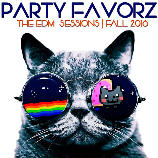 A close-up of a cat's face in cool blue tones wearing round reflective sunglasses — left lens shows a night sky with rainbow stripes and stars, right lens shows an 8-bit Nyan Cat graphic, with bold blue PARTY FAVORZ and orange subtitle above; artwork for Party Favorz episode EDM Sessions: Fall 2016 (Club Fusion).