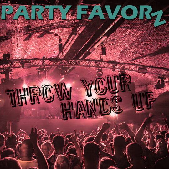Rave in Warehouse with red filter and cover art for Throw Your Hands Up featuring the latest tech house
