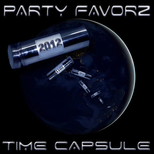 A dark composition shows a chrome time capsule opening above a dimly lit Earth with smaller metallic capsules labeled 2012, 2011, 2010 falling toward the planet, chrome futuristic PARTY FAVORZ and TIME CAPSULE titles at top and bottom; artwork for the Party Favorz episode EDM Top Dance Songs of 2012: Volume 4.