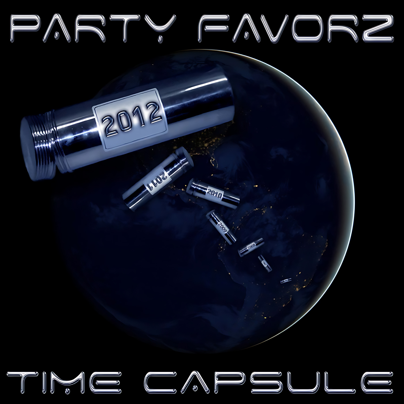 A dark composition shows a chrome time capsule opening above a dimly lit Earth with smaller metallic capsules labeled 2012, 2011, 2010 falling toward the planet, chrome futuristic PARTY FAVORZ and TIME CAPSULE titles at top and bottom; artwork for the Party Favorz episode EDM Top Dance Songs of 2012: Volume 4.
