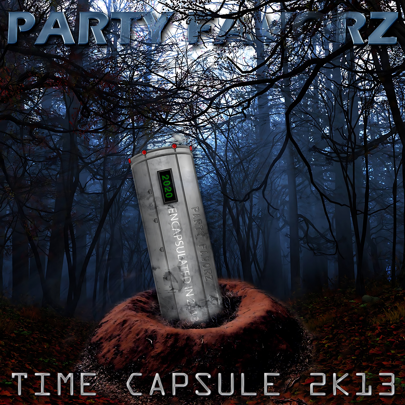 Coverart for the Top Dance Songs of 2013 volume 1 with a time capsule lodged into the bark of a tree in the middle of a dark forest