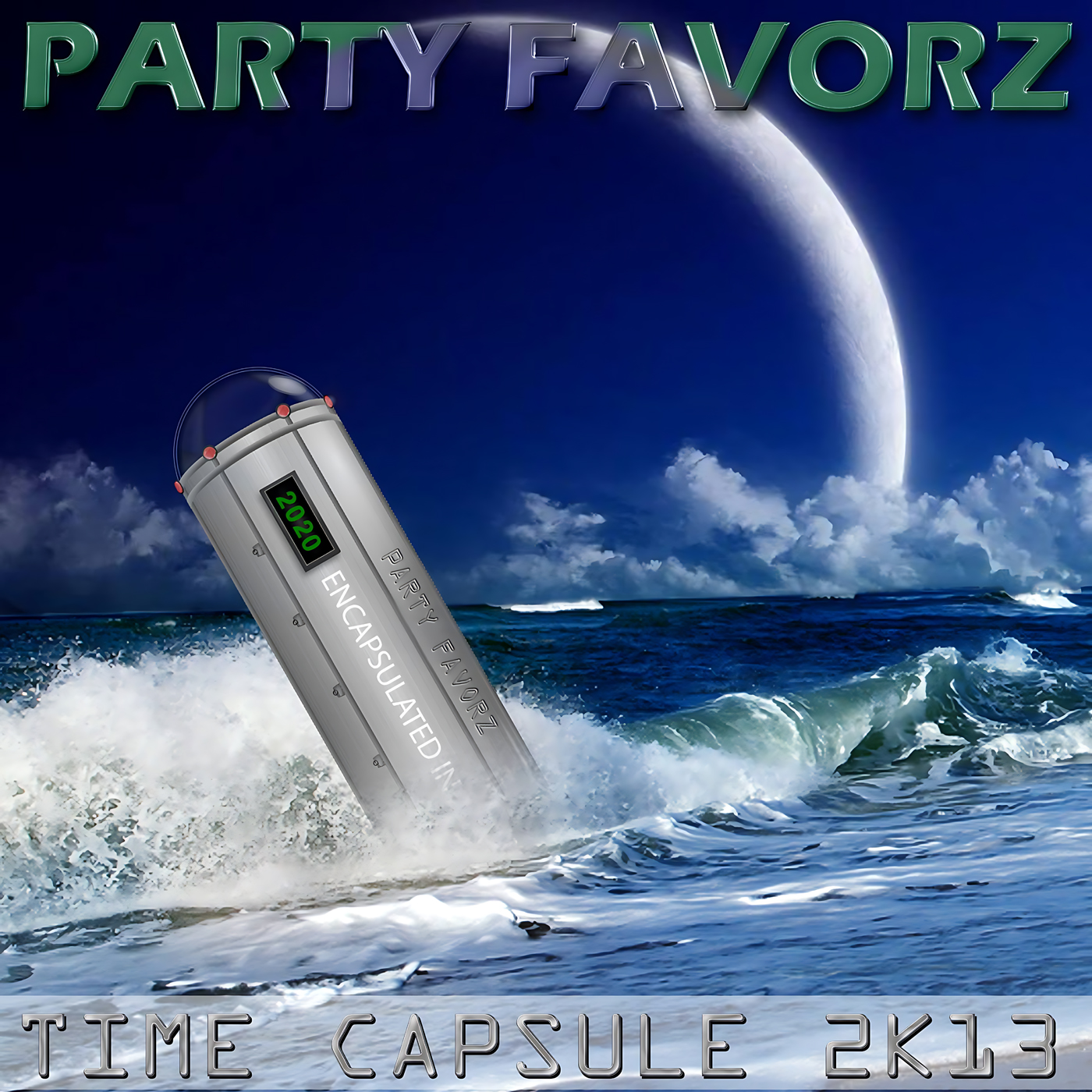 Coverart for Top Dance Songs of 2013 with a time capsule rolling up on an ocean shore and a giant moon in the background