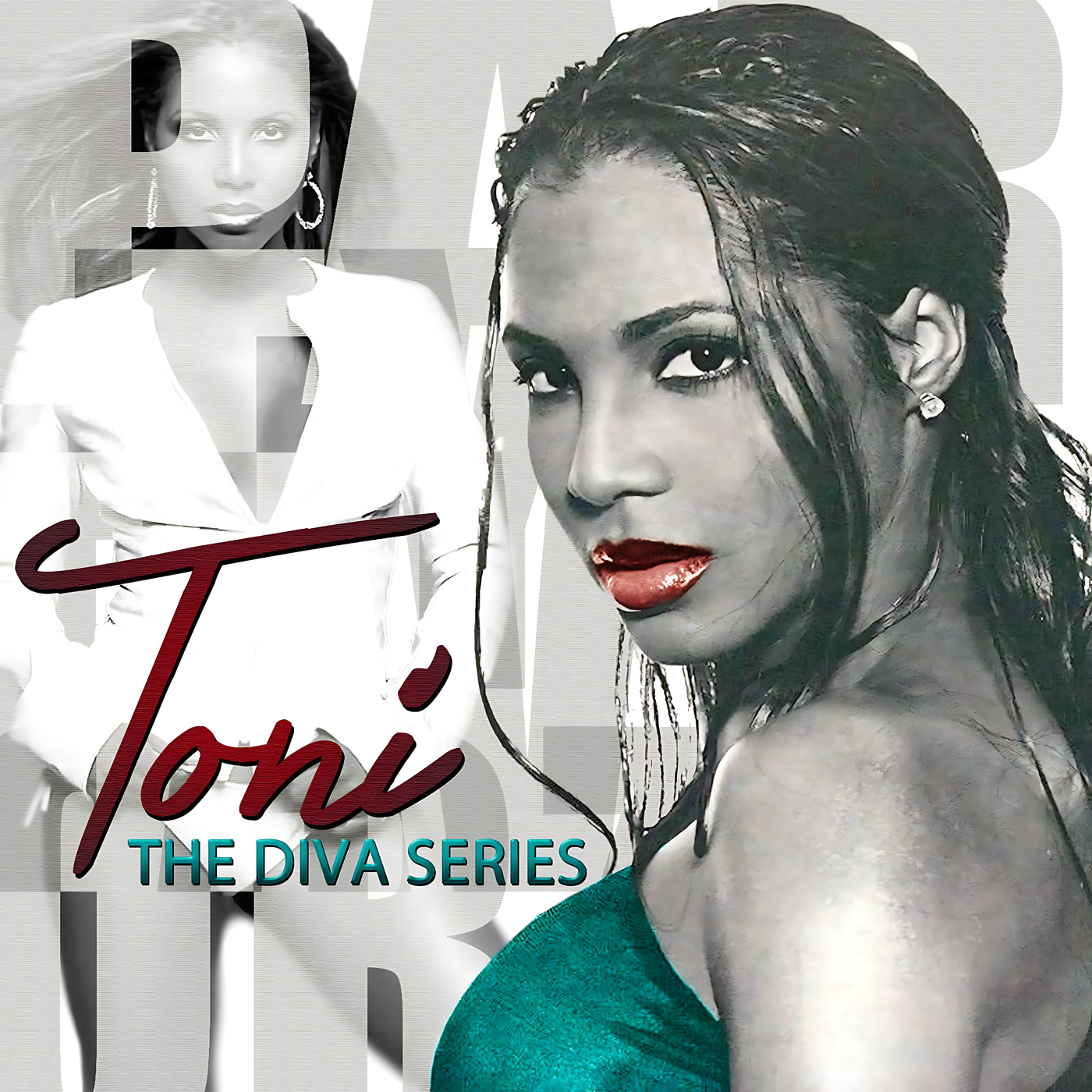 Close-up grayscale portrait of a woman looking over her shoulder with glossy red lips and wet hair, wearing a teal strapless top, layered over a faded full-body photo and large pale block letters, with a maroon script reading “Toni,” artwork for the Party Favorz episode "House Diva Hall of Fame 2014: Toni Braxton Club & House Remixes".