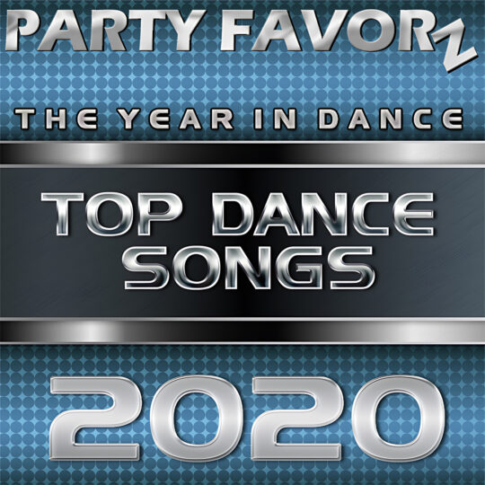 Bold metallic silver lettering reading PARTY FAVORZ tops a blue circular-pattern background, a narrow strip that says THE YEAR IN DANCE, a large brushed-black panel with reflective chrome text TOP DANCE SONGS, and a giant silver 2020 at bottom, artwork for the Party Favorz episode 'Club Fusion: Top Dance Songs of 2020 Volume 3.