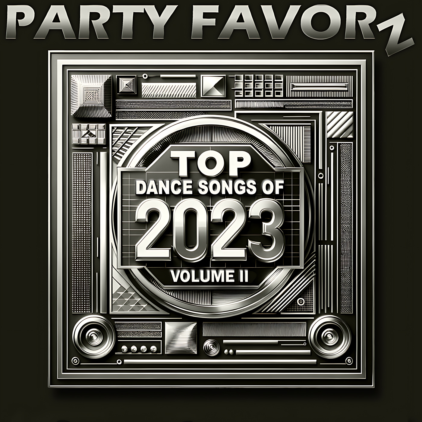 An intricately engraved silver metal background for the cover art of the Top Dance Songs of 2023 featuring the year's biggest dance hits.