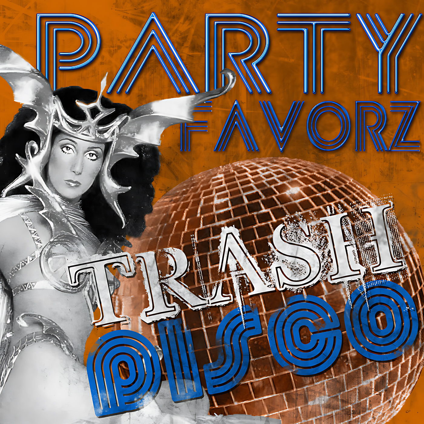 A grayscale photograph of a costumed figure with a horned headpiece appears left against a textured orange background, overlaid by large blue neon “PARTY FAVORZ” lettering, a rust-toned disco ball, and distressed white “TRASH” with stacked blue “DISCO”; artwork for the Party Favorz episode Disco Megamix: Trash Disco Groove Line (2016 Mix).