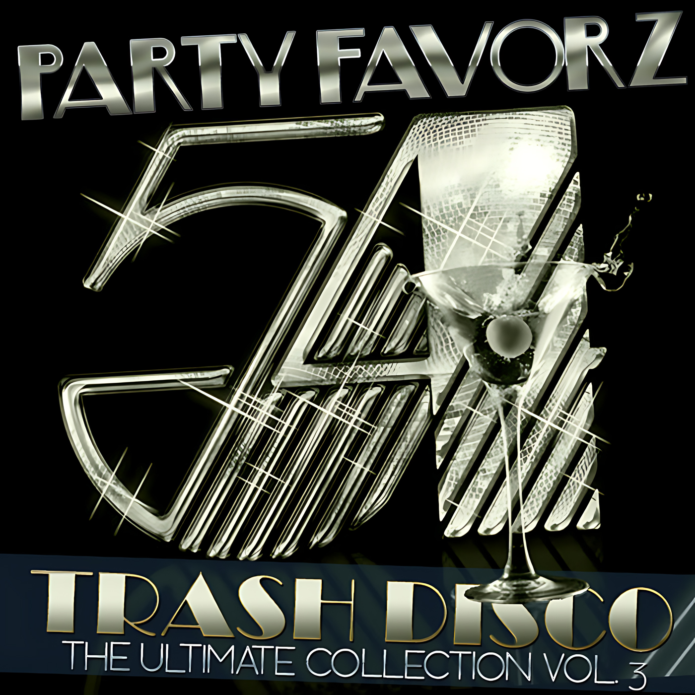 Studio 54 logo with a martini for the cover art of Ultimate Trash Disco Classics Volume 3 in platinum
