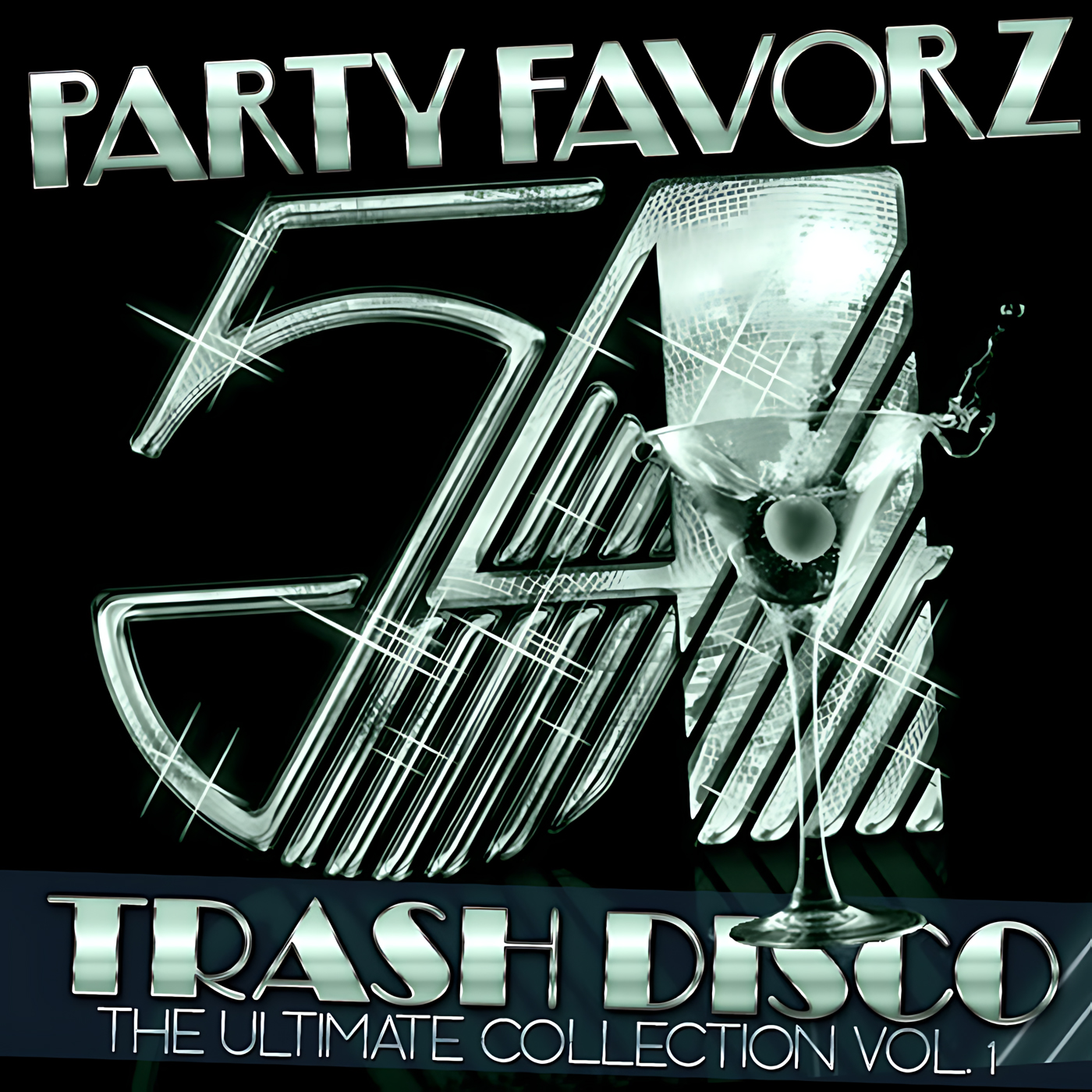 Studio 54 logo with a martini for the cover art of Ultimate Trash Disco Classics Volume 6 in platinum.