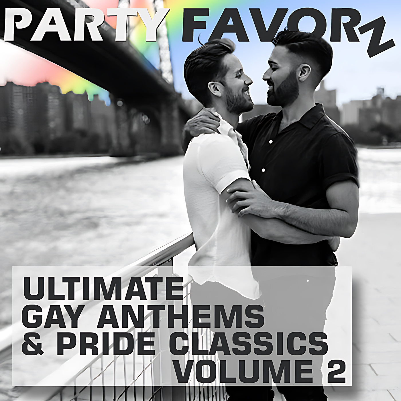 Two men embracing with the brooklyn bridge in the background and a rainbow in the sky