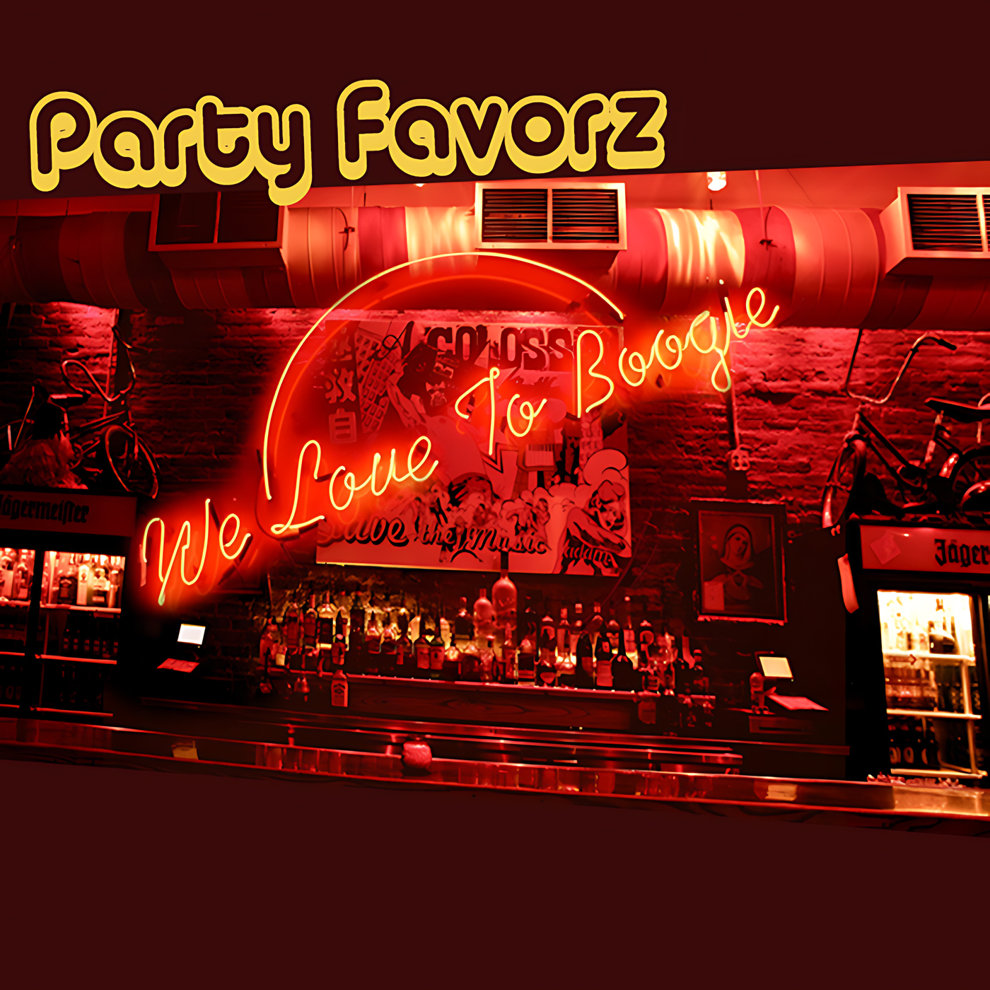 A neon-lit bar interior dominated by warm red and orange tones, showing a backlit counter with bottles, brick wall, exposed ductwork, bicycles and a sweeping cursive neon sign reading “We Love To Boogie,” presented as artwork for the Party Favorz episode Funky House Mix Vol. 2: We Love To Boogie! (2016).