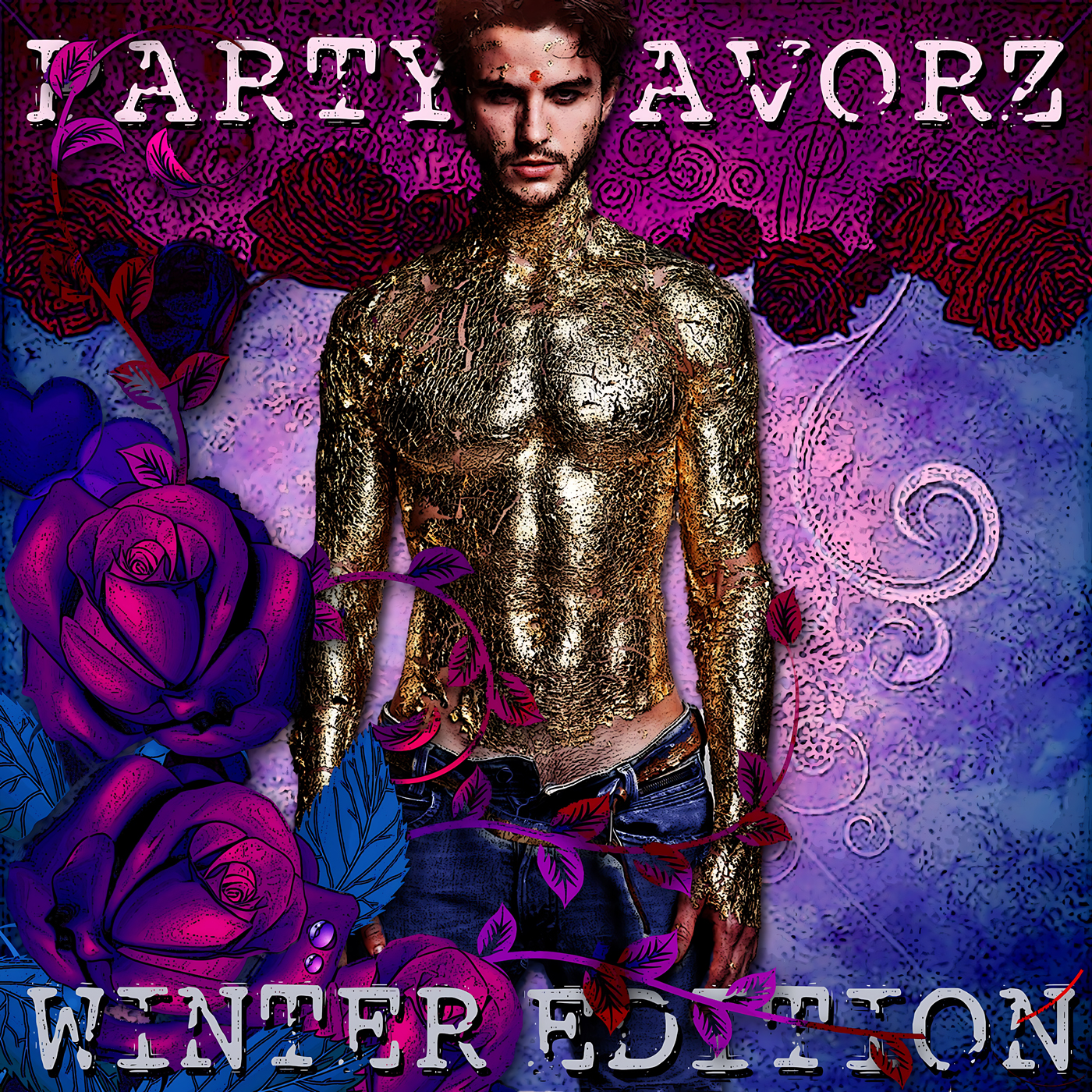 A shirtless young man stands center with his chest and arms covered in cracked gold leaf, wearing low jeans amid illustrated purple and magenta roses and a swirling textured pink-blue background, with large PARTY FAVORZ text at the top — artwork for Party Favorz episode 'Circuit & Anthems: Winter Edition 2013: Progressive Club Set'.